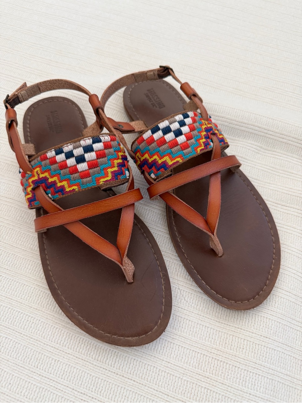 Mossimo Supply Co. Brown Leather Sandals w/ Multicolor Woven Strap Size 9.5 BeS1